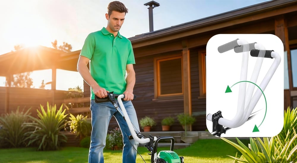 Operator using a string trimmer fitted with an ergonomic support handle