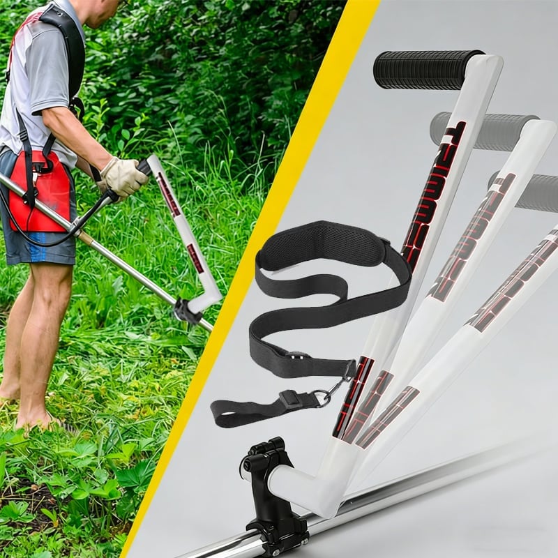 Shoulder strap and support handle accessories shown next to a trimmer shaft