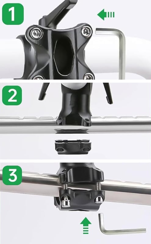 Step-by-step installation view of an ergonomic handle attachment